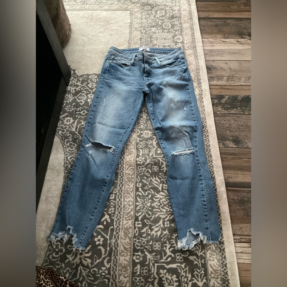 PAIGE Verdugo Medium Blue Ripped Cropped Jeans 28